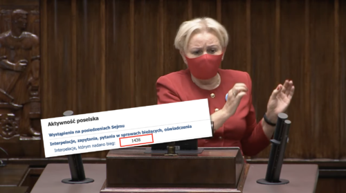 Kobieta przemawia w Sejmie, liczba interpelacji 1438.