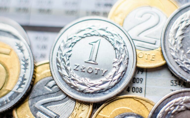 Polskie monety złotowe na tle kalkulatora finansowego.