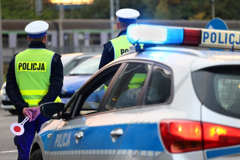 Policjanci drogówki przy radiowozie na ulicy.