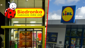 Wejścia do sklepów Biedronka i Lidl.