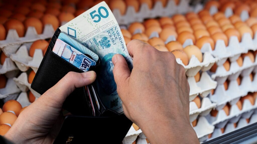Osoba płaci banknotem za jajka na targu.