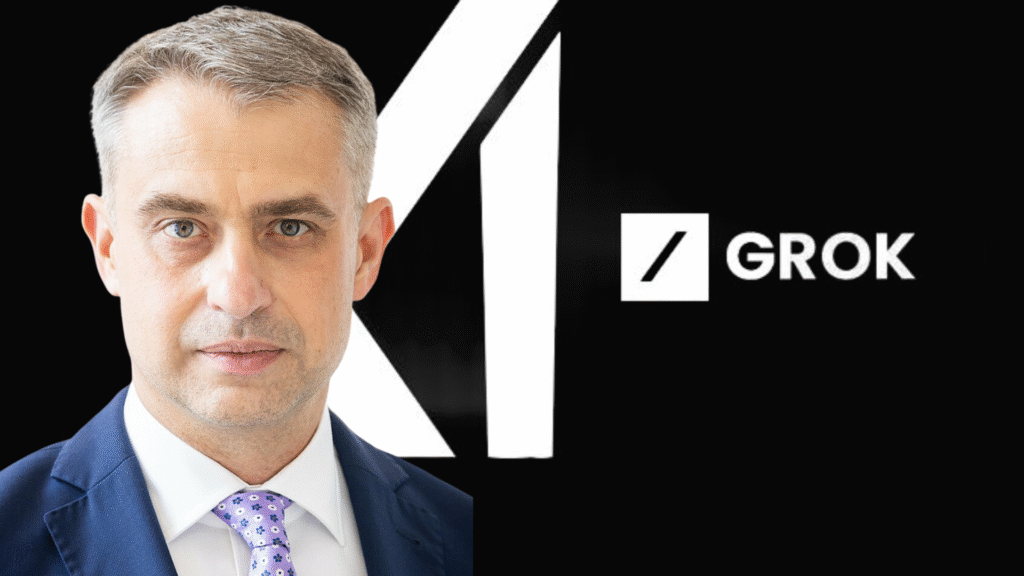 Mężczyzna w garniturze obok logo GROK