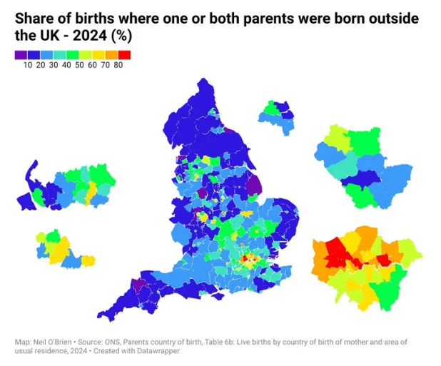Mapa Anglii: narodziny z rodzicami spoza UK, 2024.