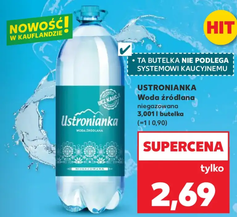 Promocja wody źródlanej Ustronianka bez kaucji w Kauflandzie.