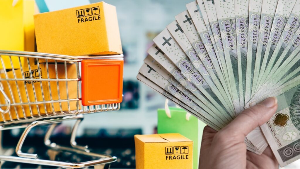 Koszyk, paczki, pieniądze, zakupy online, handel