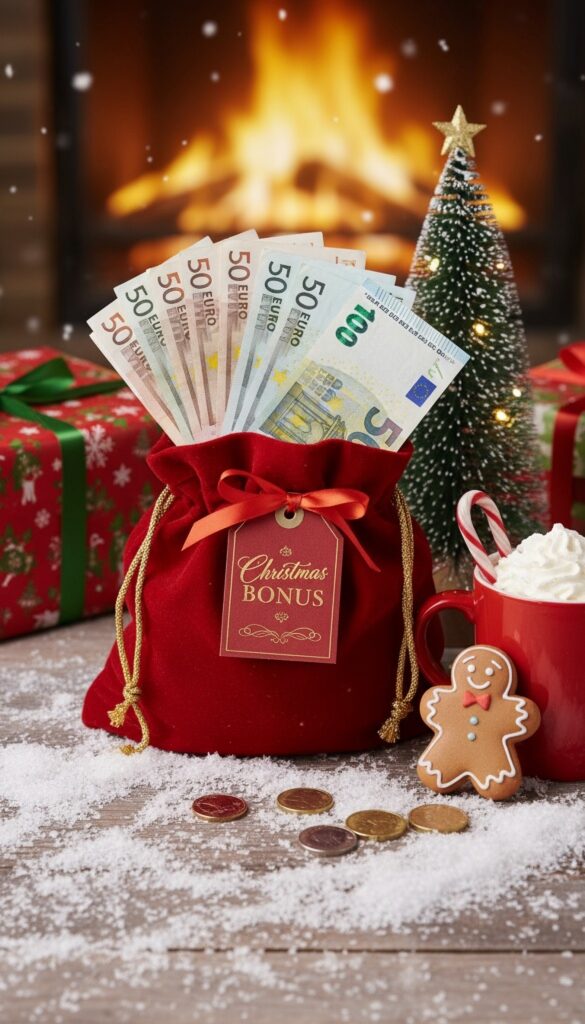 Świąteczny worek z pieniędzmi przy kominku.