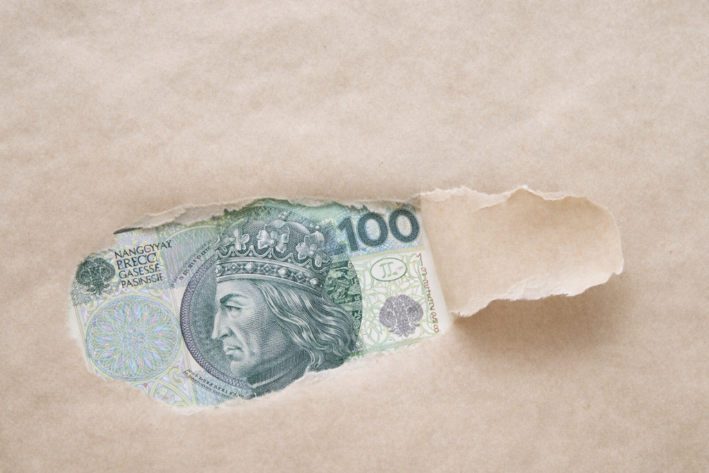 Banknot 100 złotych wystaje spod papieru