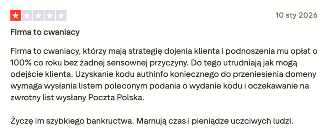 Negatywna opinia firmy, jedna gwiazdka, niezadowolony klient.
