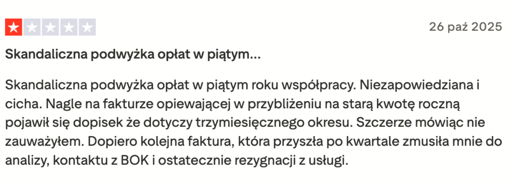 Negatywna recenzja z powodu podwyżki opłat.