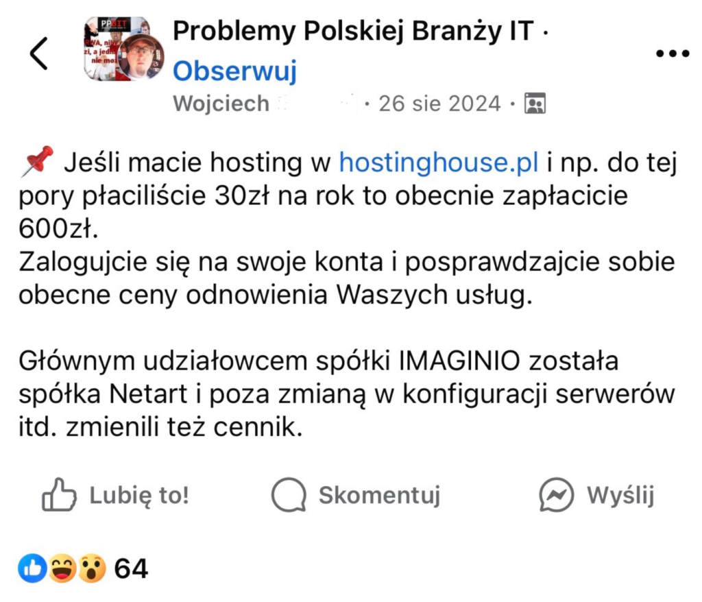 Post o podwyżkach cen hostingu na Facebooku.