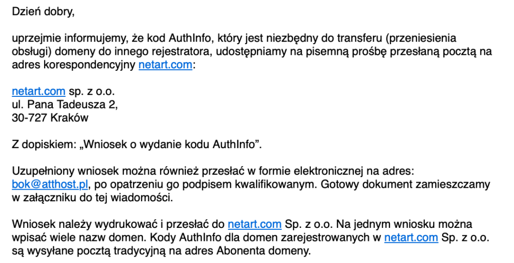 Procedura uzyskania kodu AuthInfo dla domeny.