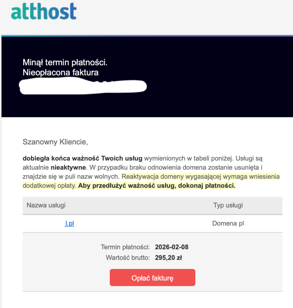 Niezapłacona faktura, proszę uregulować płatność za usługi.