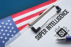 Dokument o superinteligencji AI na tle flagi USA
