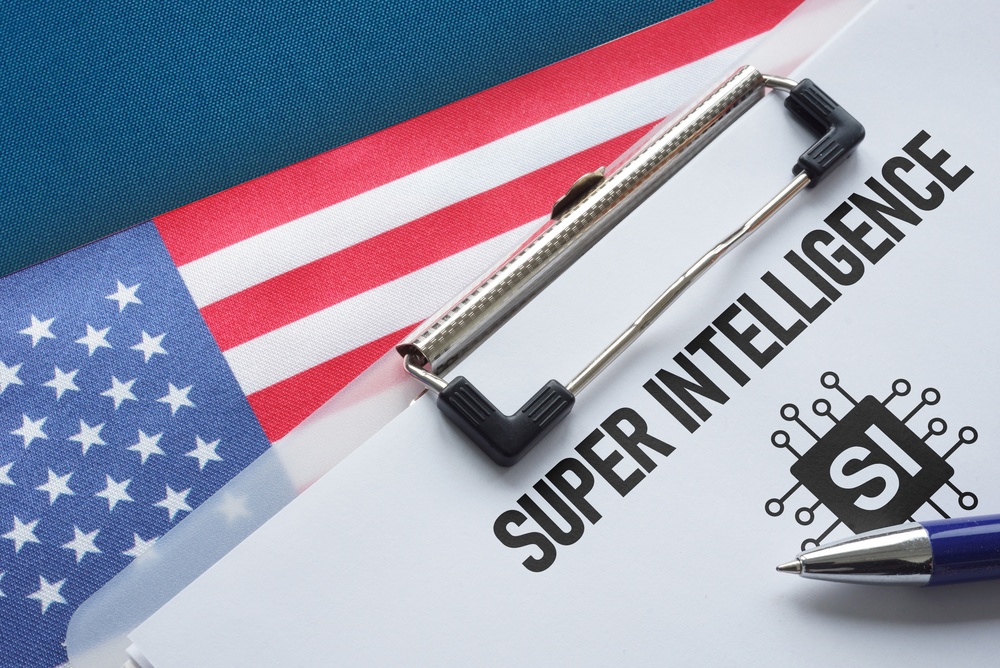 Dokument o superinteligencji AI na tle flagi USA
